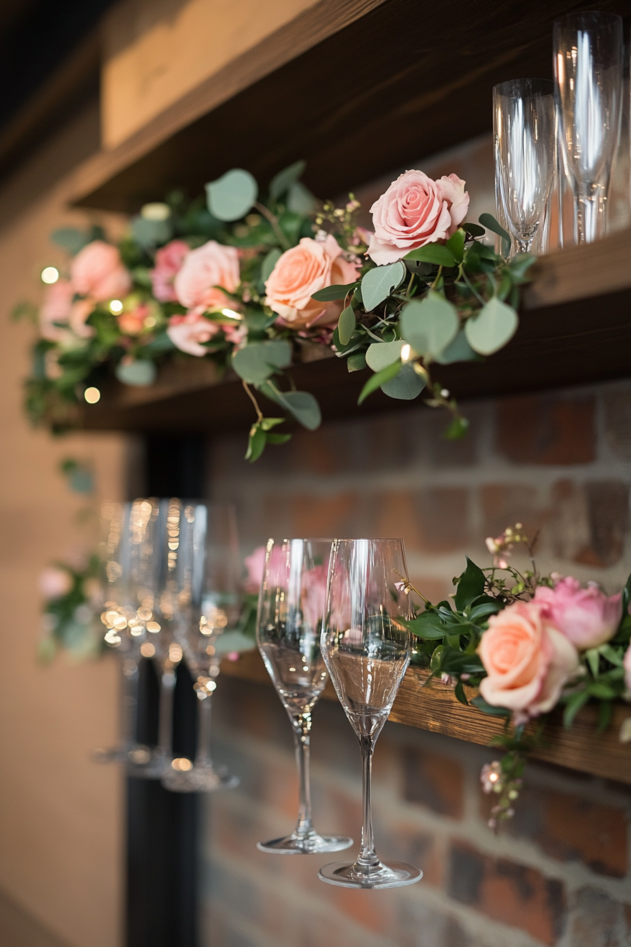 Wedding bar display. Floating shelves with rose garlands and champagne flutes.