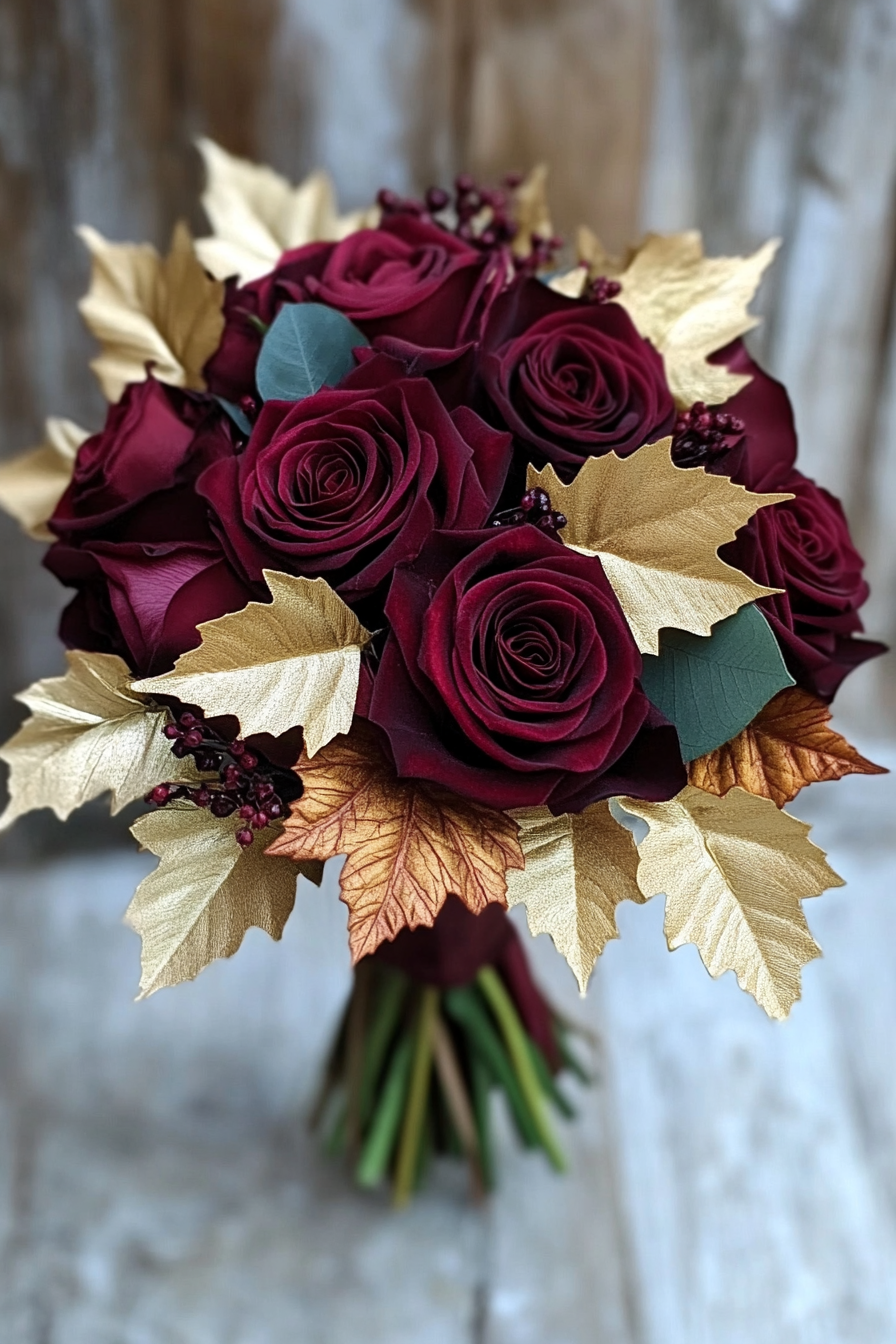 Wedding bouquet. Burgundy roses and gold maple leaves.