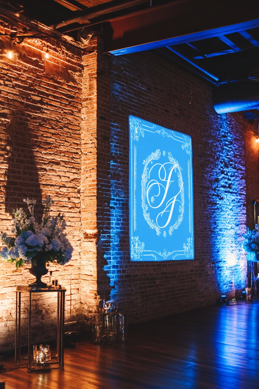 Wedding entertainment space. 
Monogram projection on vintage brick wall, illuminated by blue LED borders.