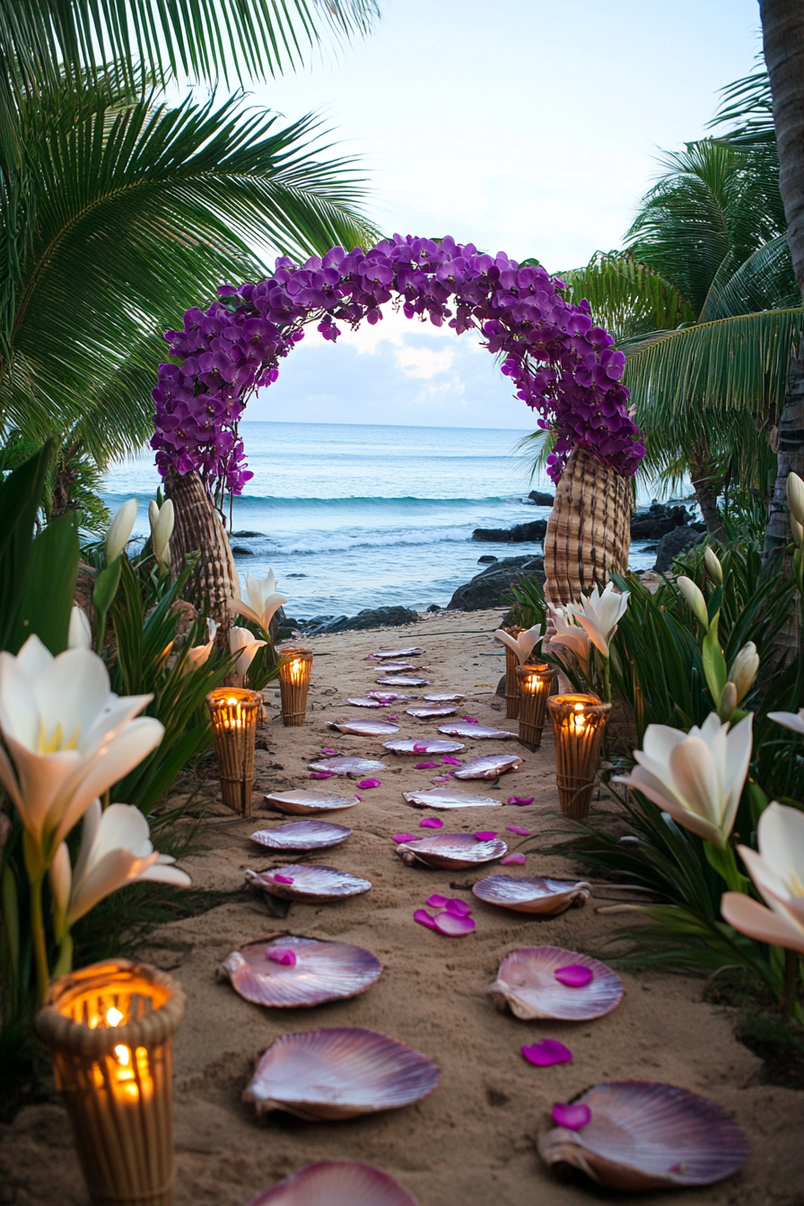 Wedding beach setup. Shell arch bedecked with purple orchids, tiki torch pathway, floating white lilies.