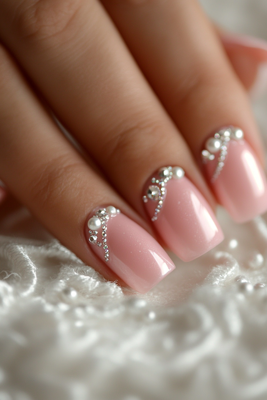 Wedding Day Manicure. baby pink polish with pearl accents and crystal tips.