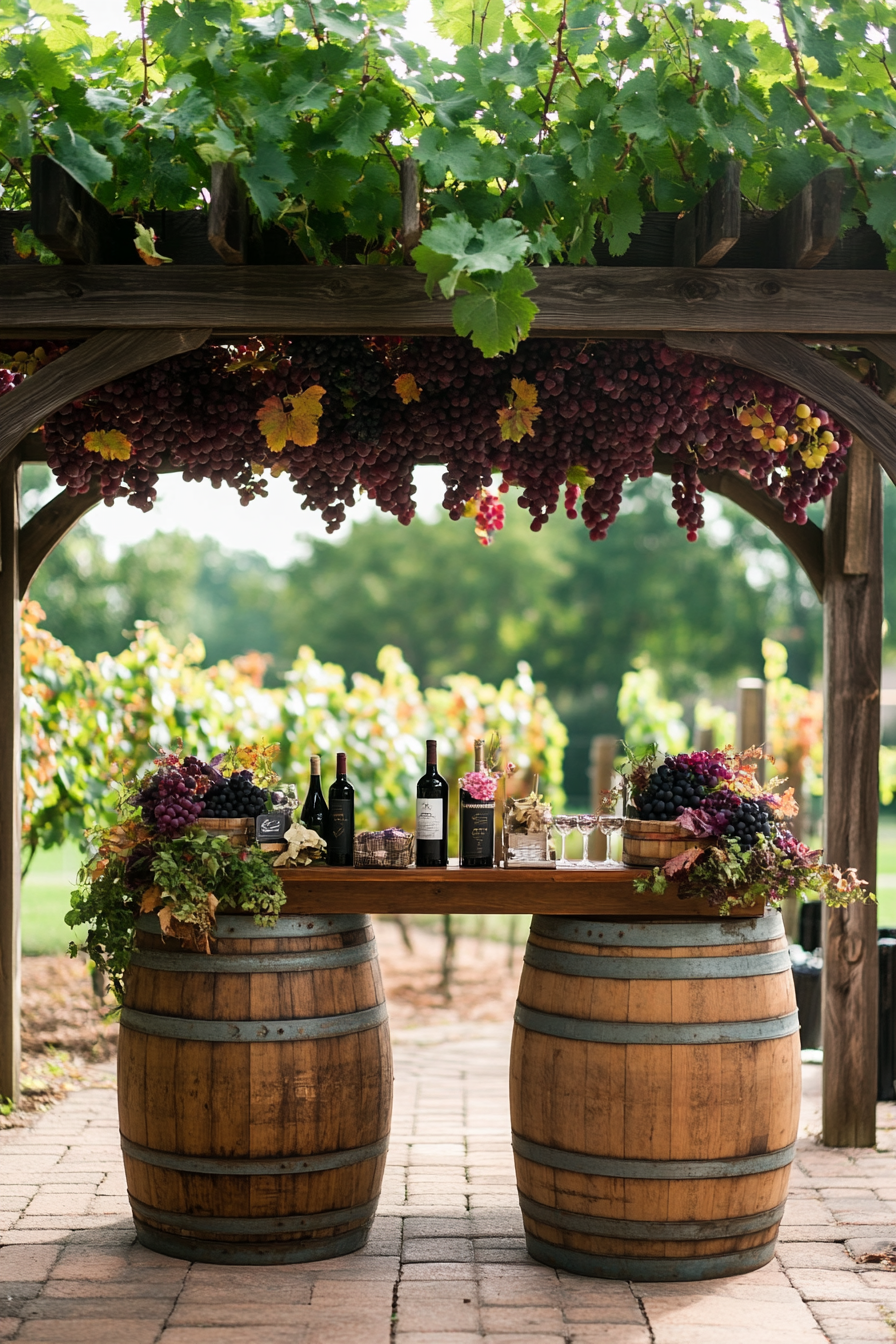 Wedding venue design. Rustic two-tier barrel display with wine station under grape arbor.