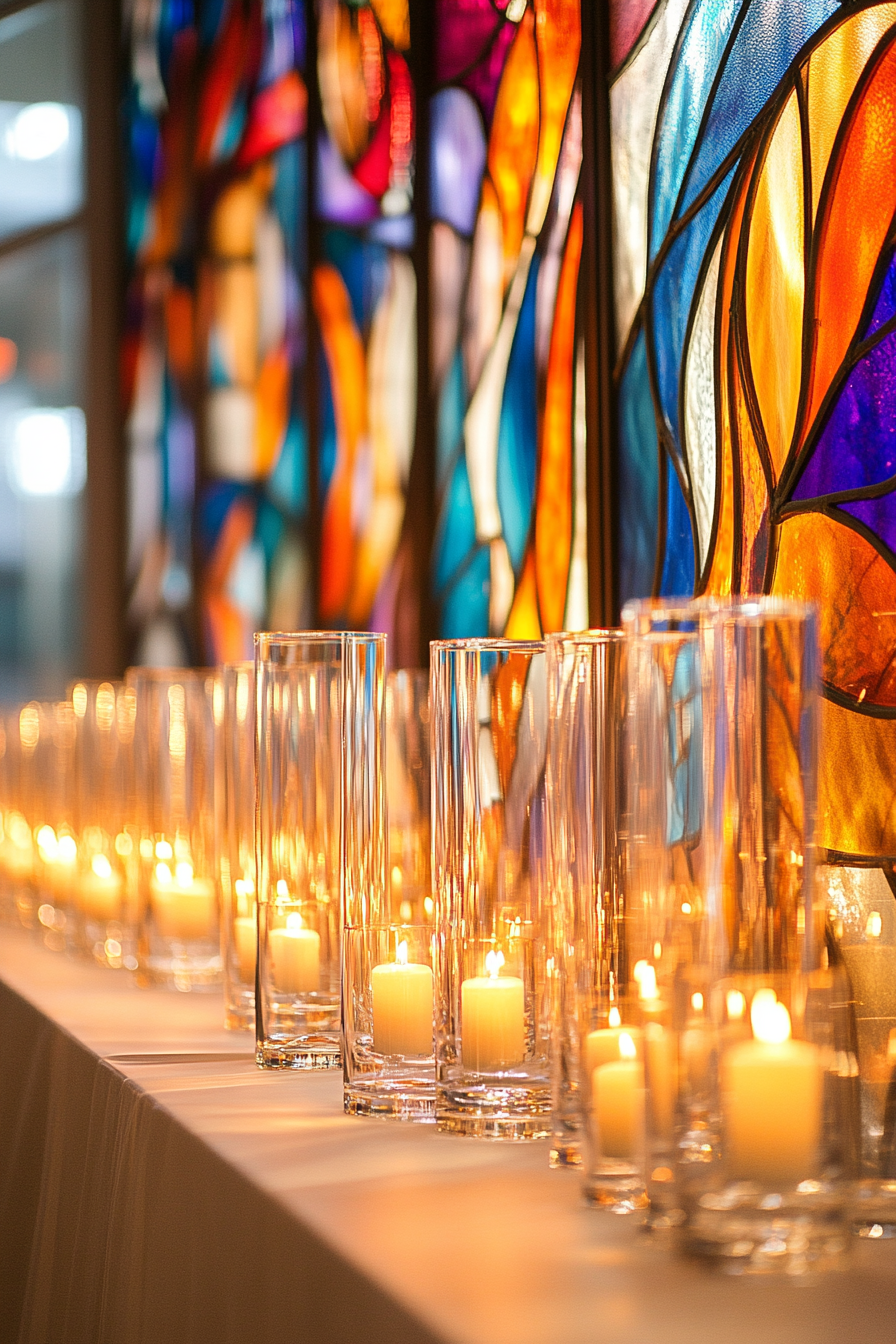 Wedding ceremony setting. Tall votive candle holders mirroring a multicolored stained glass backdrop.