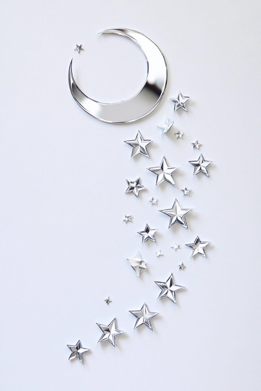 Wedding decor collection. Silver cut-outs of stars and waning moon.