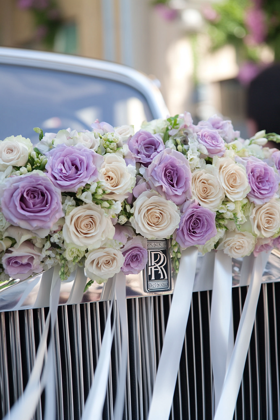 Wedding transport design. Vintage Rolls Royce adorned with lilac flower garlands and white ribbon streams.