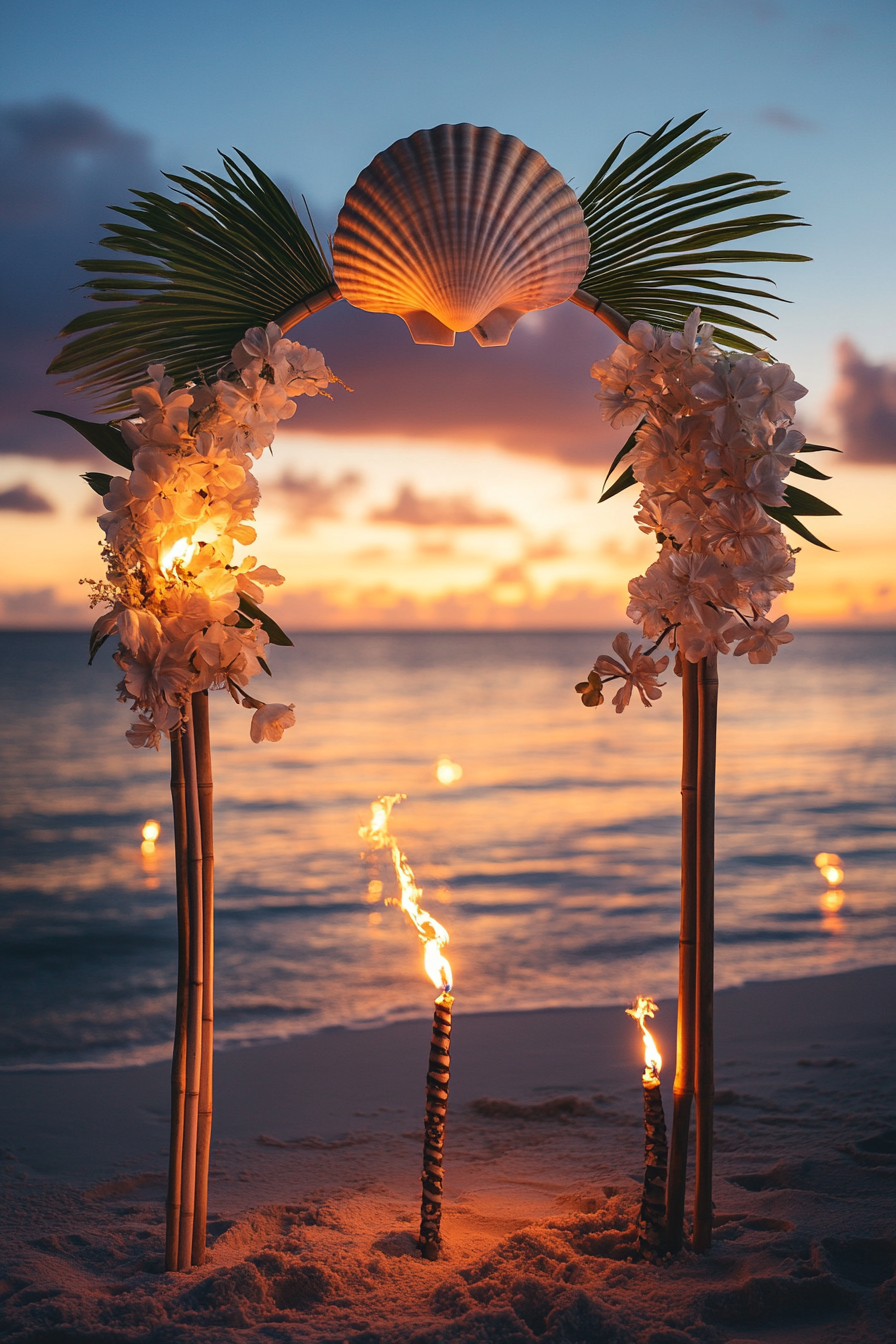 Wedding setup. Shell arch, tiki torches, floating flowers on beach at sunset.