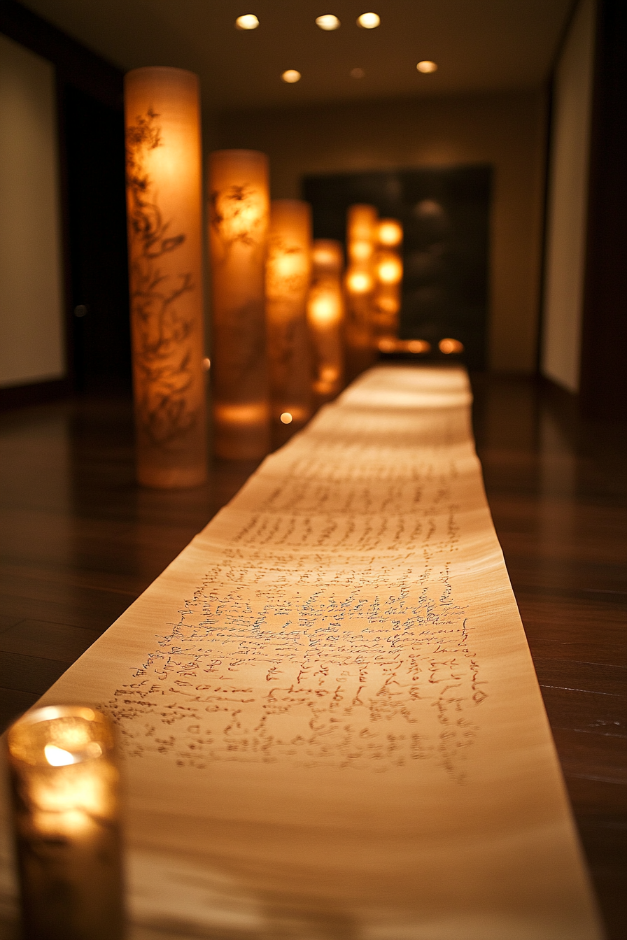 Wedding ceremony feature. Monochromatic toffee-hued calligraphy scroll with lightly illuminated text.