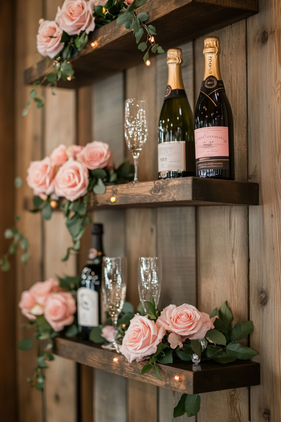 Wedding bar display. Floating shelves with champagne bottles and pink rose garlands.