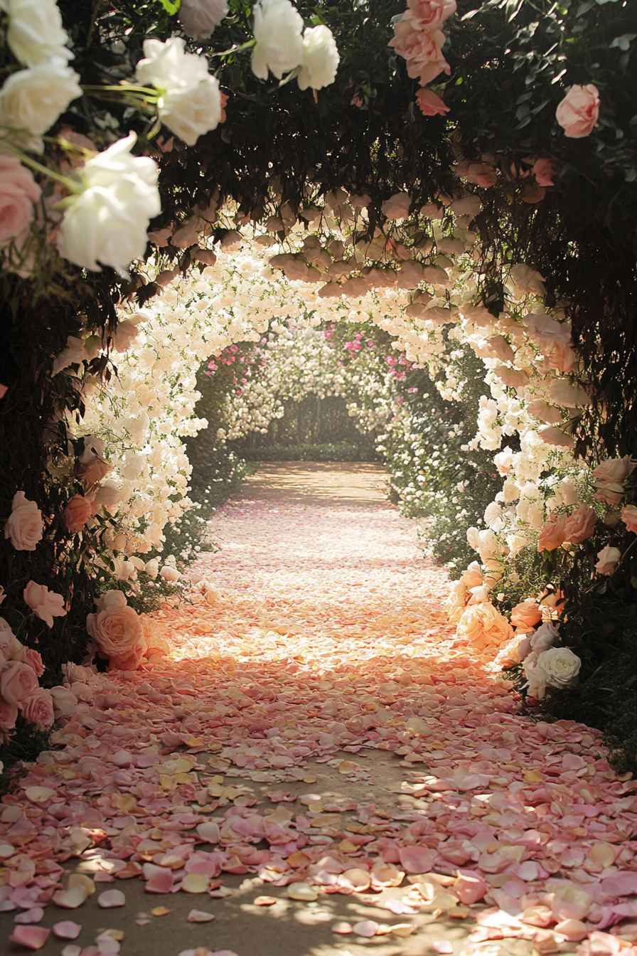 Wedding Garden Ceremony. Pastel petal pathways leading to white rose arches.