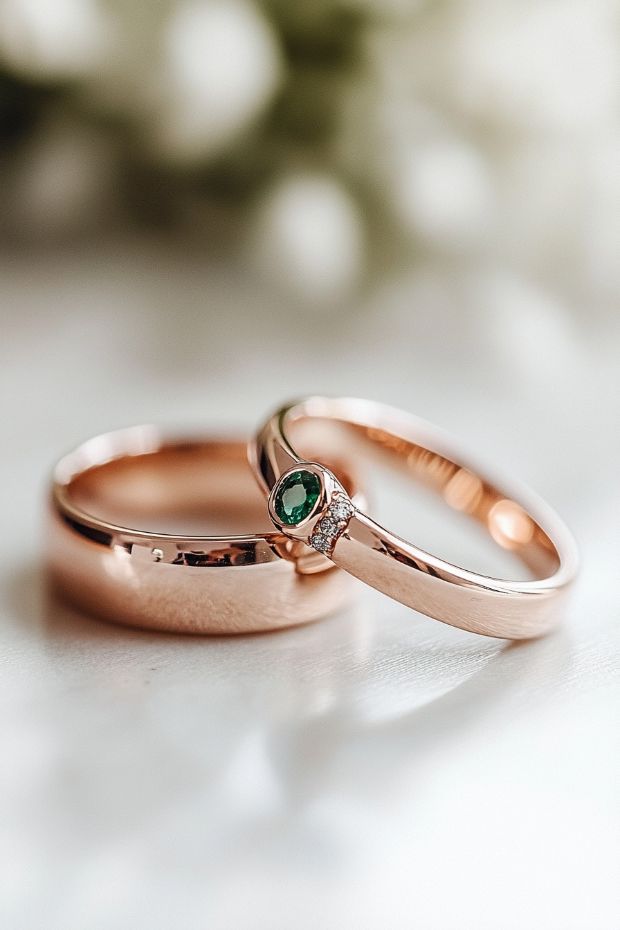 Wedding ring collection. Rose gold band with a hidden emerald.