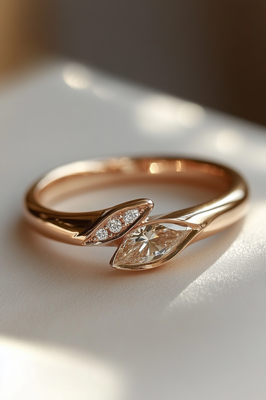 Wedding ring collection. Rose gold band with marquise-cut diamond undergallery.