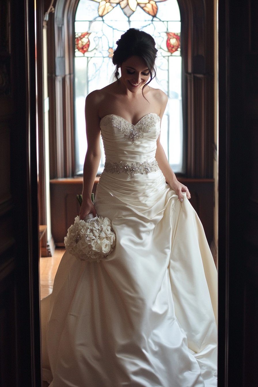 Wedding gown with crystalized bodice and cathedral train. Snow White Taffeta Fabric.