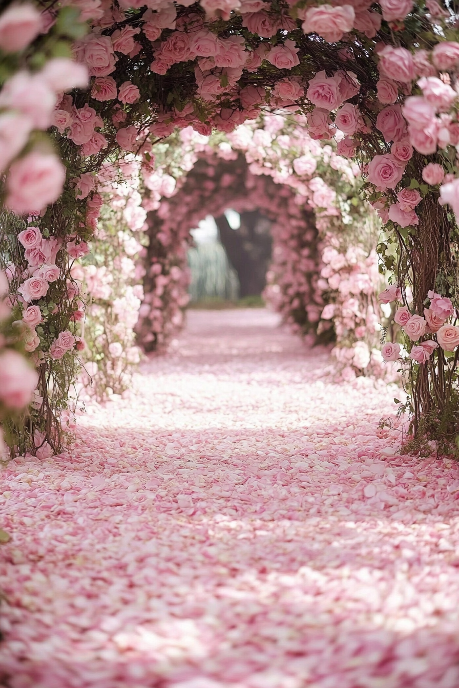 Garden Wedding Ceremony. Pink rose arches, blush petal pathways.