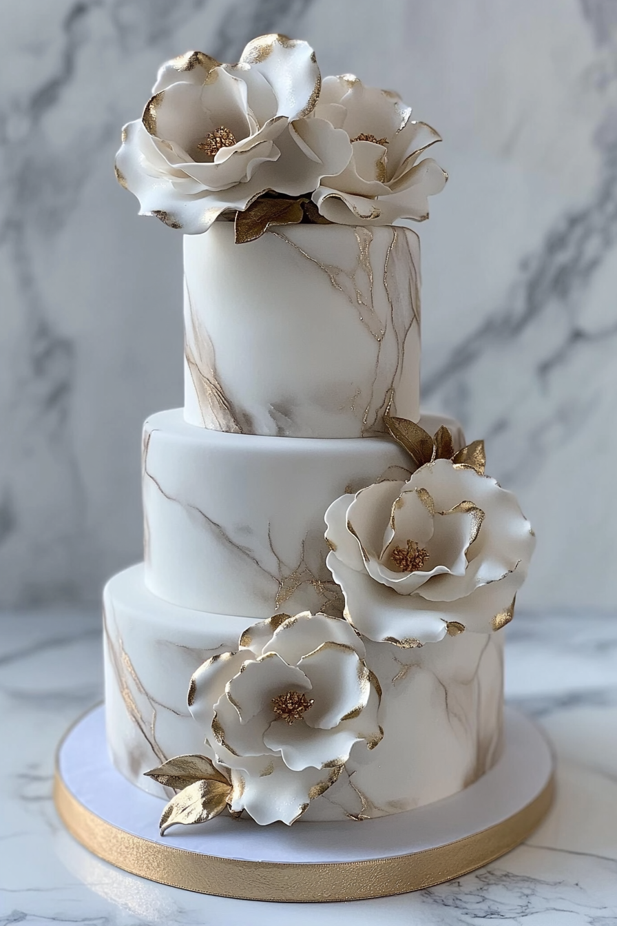 Wedding cake design. White tiers with gold veining and metallic roses.