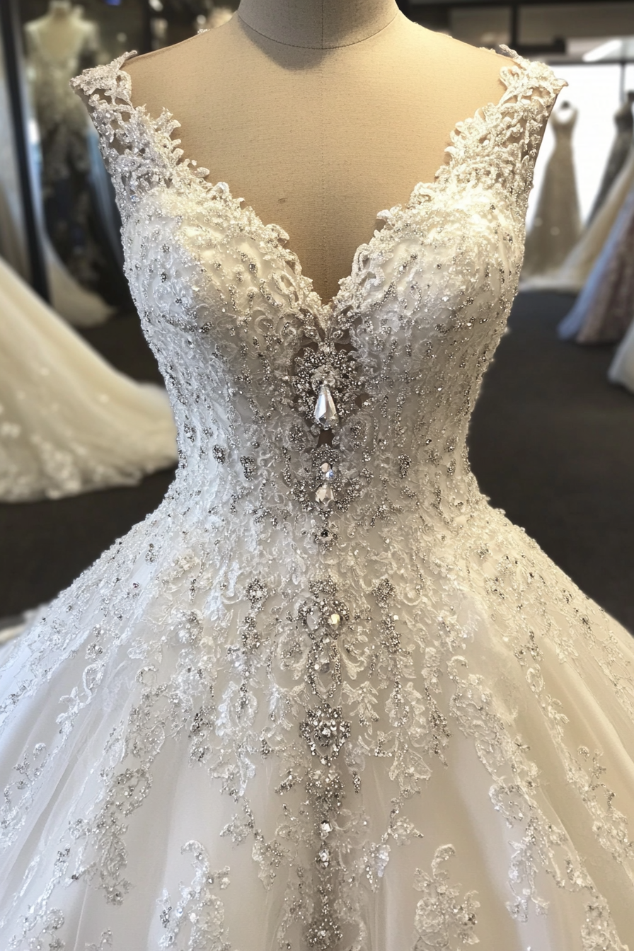 Wedding Gown. Lace detailed cathedral train with crystal encrusted bodice.