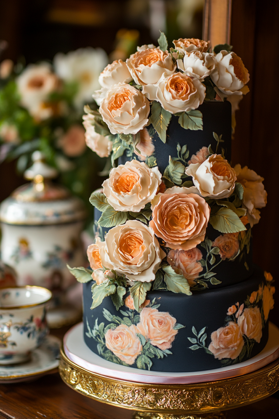 Wedding Cake Display. Hand-painted fondant roses, Victorian design, gold leaf accents.