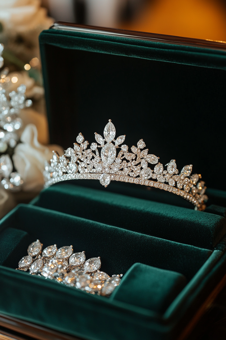 Wedding jewelry showcase. Velvet box holding diamond tiara.