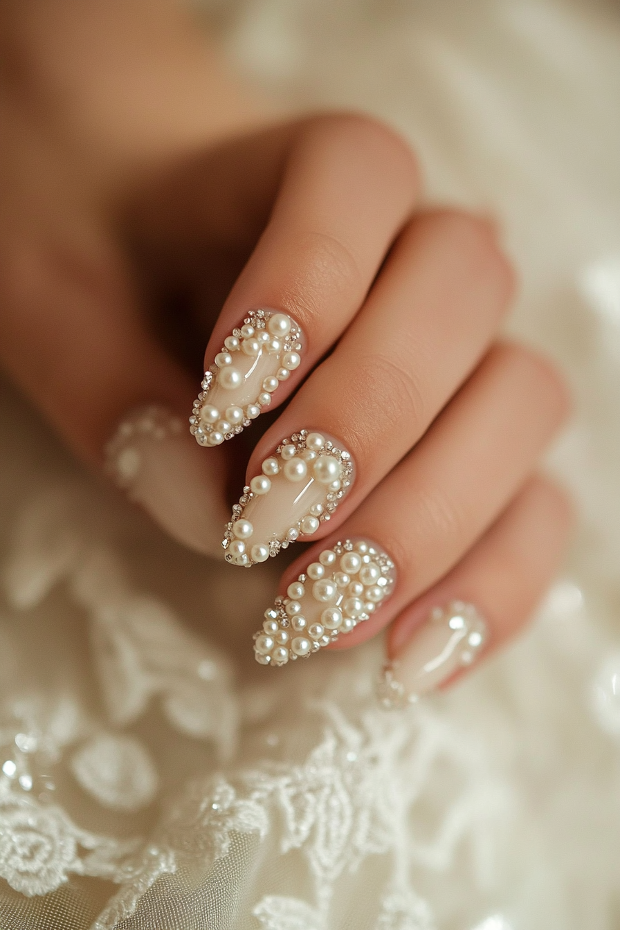 Wedding manicure. Pearl cluster accents on natural French tips.