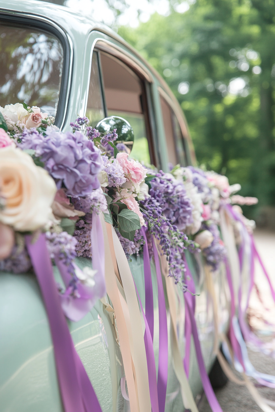 Wedding transport design. Vintage car adorned with lavender flower garlands and pastel ribbon streams.