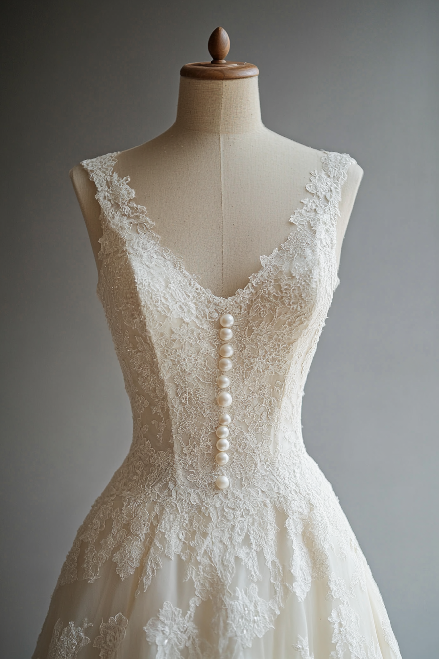 Wedding dress. A-line silhouette with chantilly lace and pearl buttons.