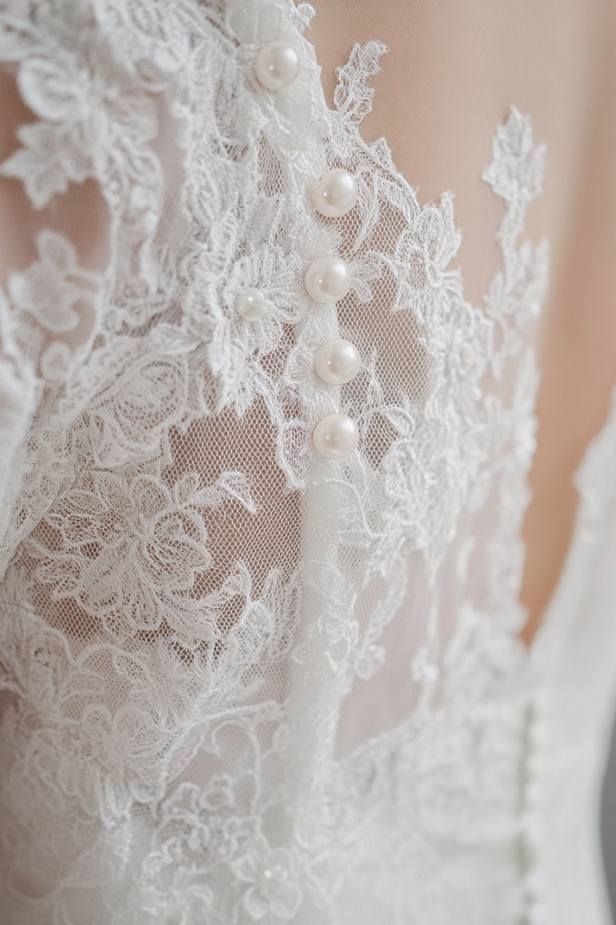 Wedding dress collection. A-line silhouette with chantilly lace and pearl buttons.