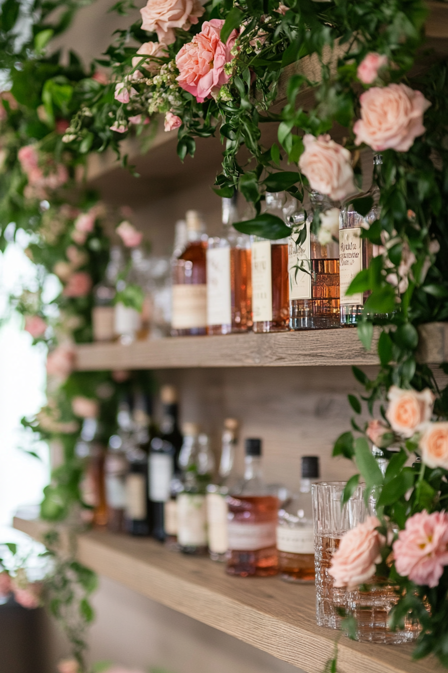 Wedding bar display. Floating shelves adorned with blush hued floral garlands.