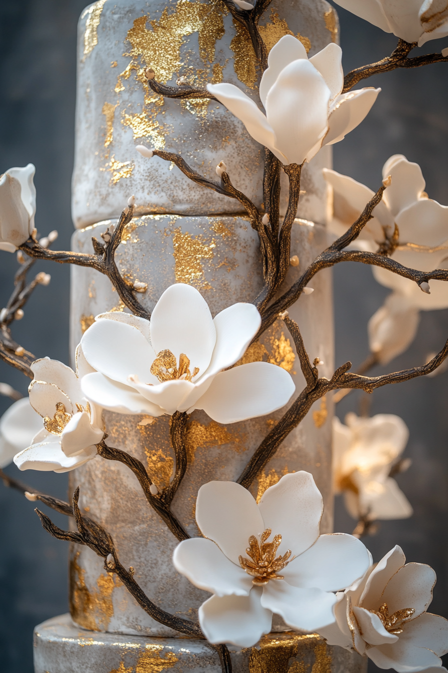 Wedding cake display. magnolia-themed fondant and gold leaf detail