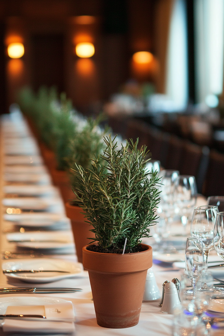 Wedding reception setup. Rosemary potted centerpieces on long banquet tables.