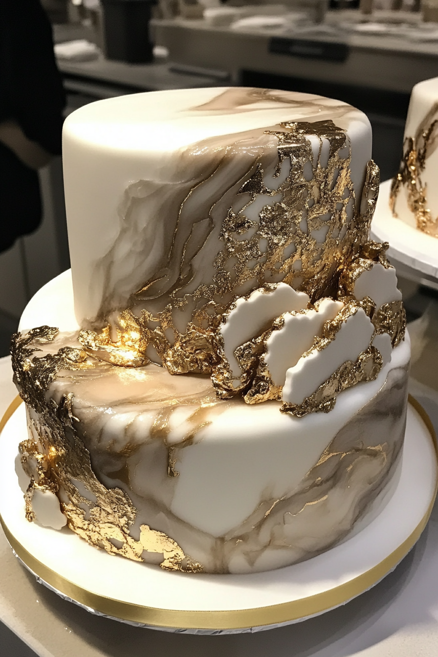 Wedding cake display. Fondant marble design with gold leaf accents.