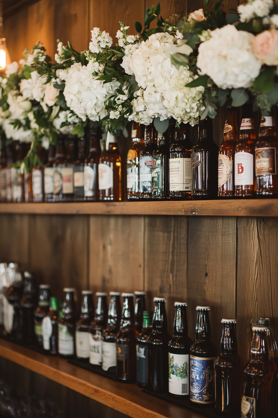 Wedding bar display. Floating shelves, white floral garlands, craft beer selection.