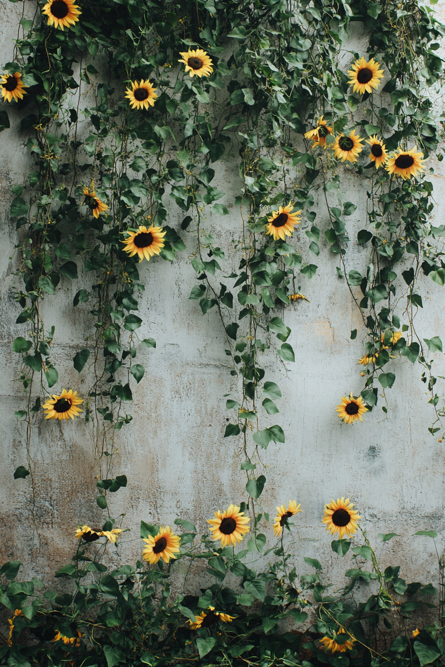 Wedding ceremony backdrop. Fresh green ivy loop with scattered wild sunflowers.