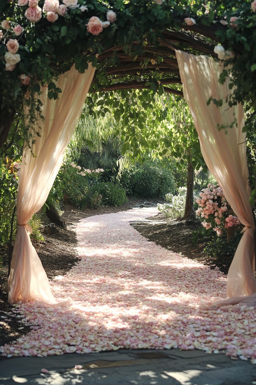 Wedding garden ceremony. White rose arch, blush petal pathway, ethereal chiffon drapes.