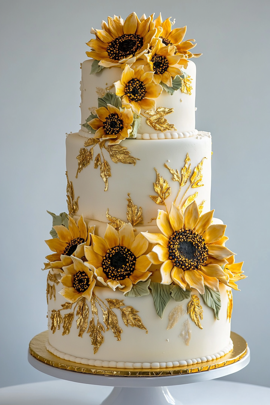 Wedding cake display. Three-tiered cake with sunflower hand-painted fondant and gold leaf accents.