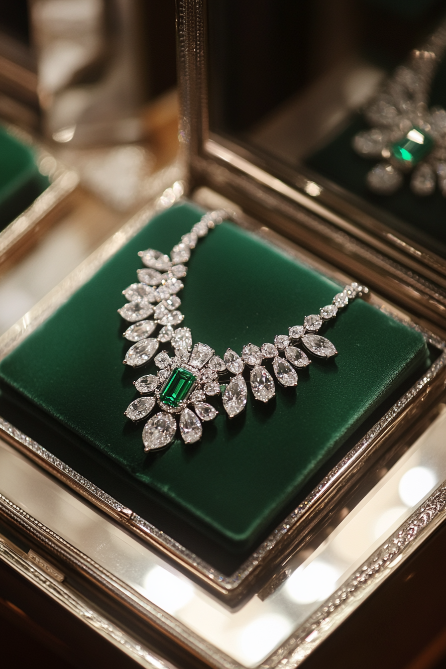 Wedding jewelry showcase. Velvet box bearing emerald cut diamond necklace on mirror tray.