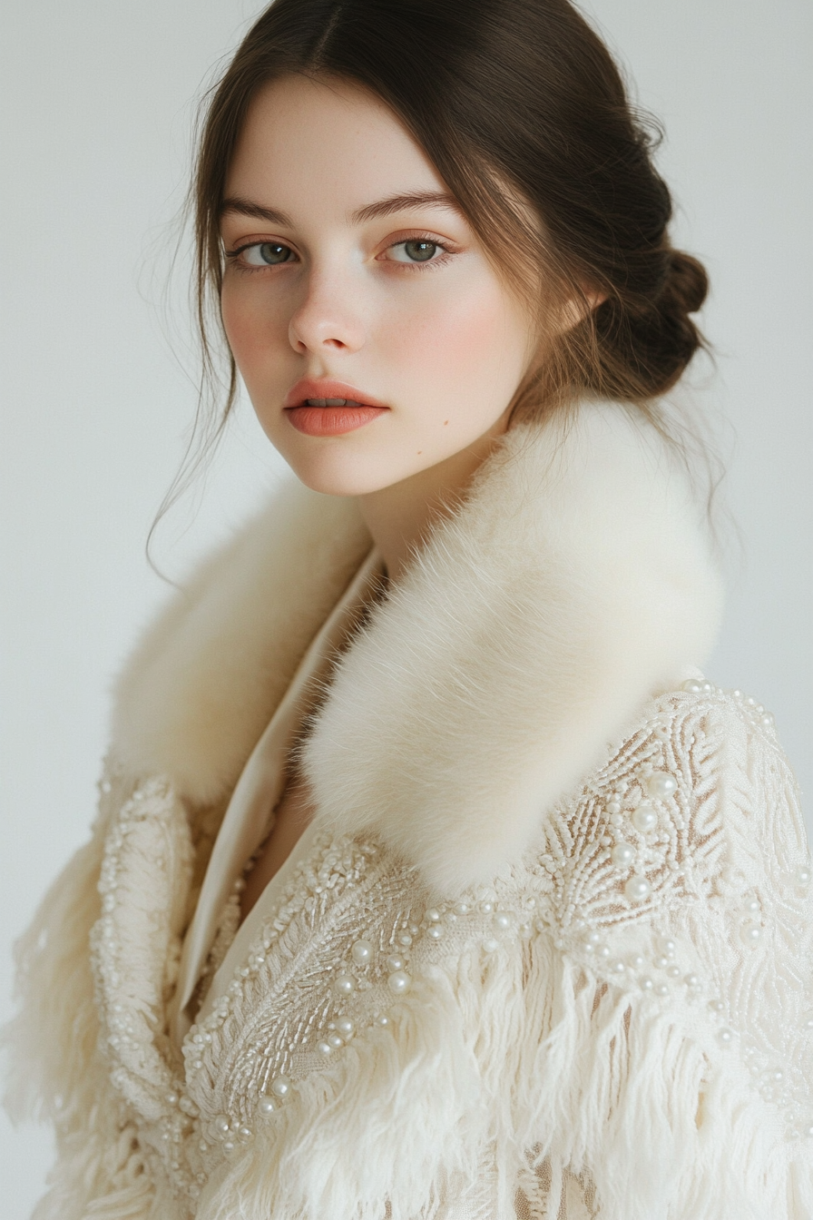 Wedding outerwear. Silk shawl with pearl beading and faux fur trim.