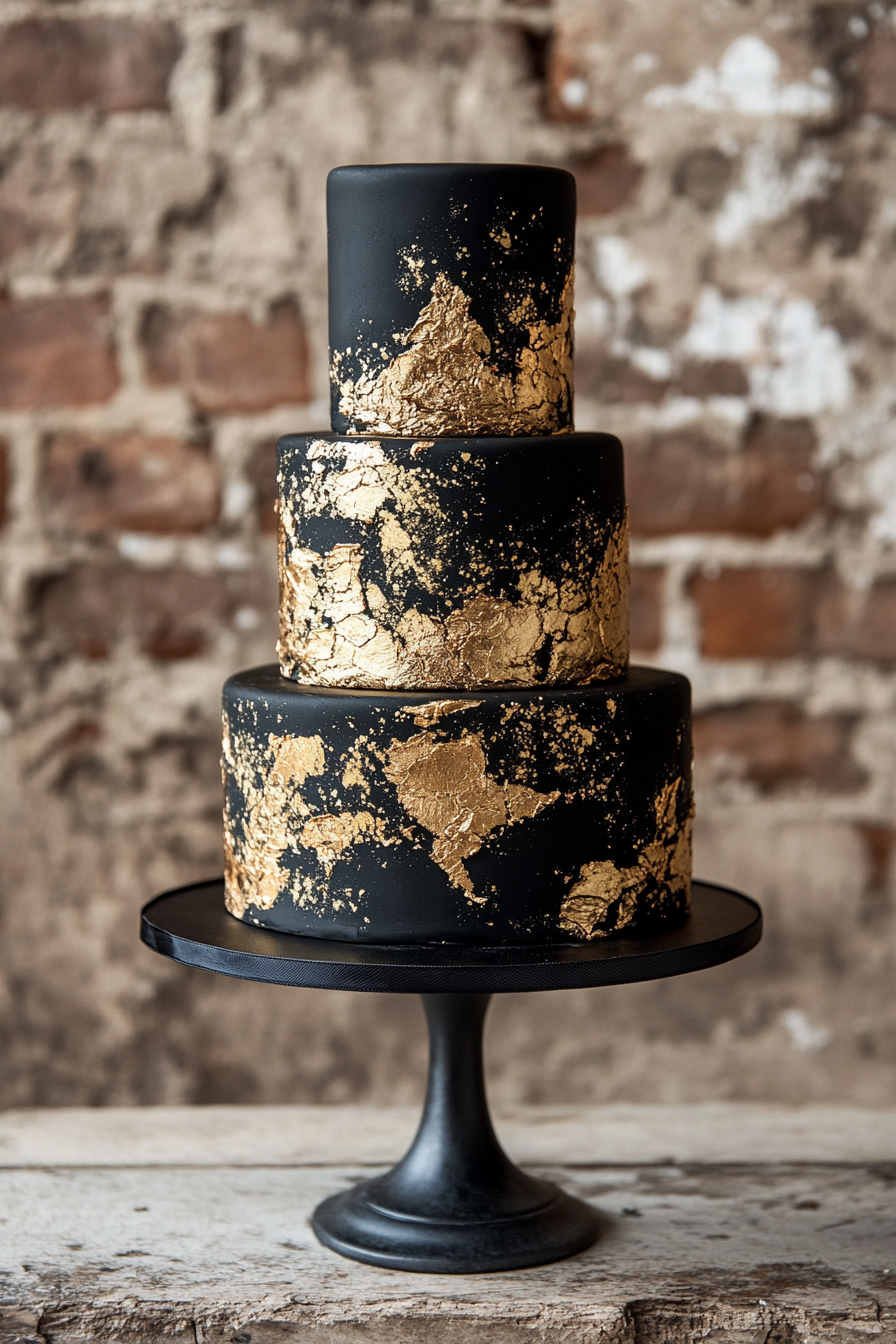 Wedding cake design. metallic tier with gold veining.