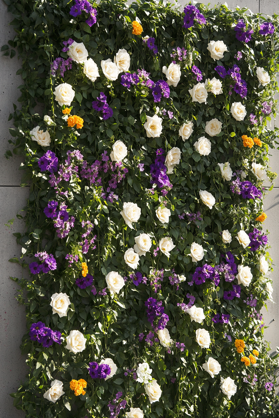 Wedding Ceremony Backdrop. Lush English ivy, white roses, purple aster and wild marigolds.