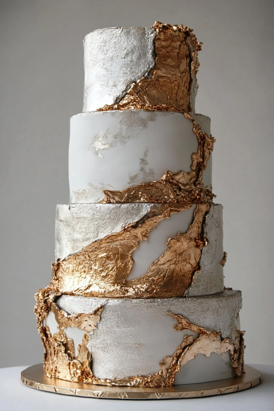 Wedding cake design. Metallic tiers with prominent gold veining.