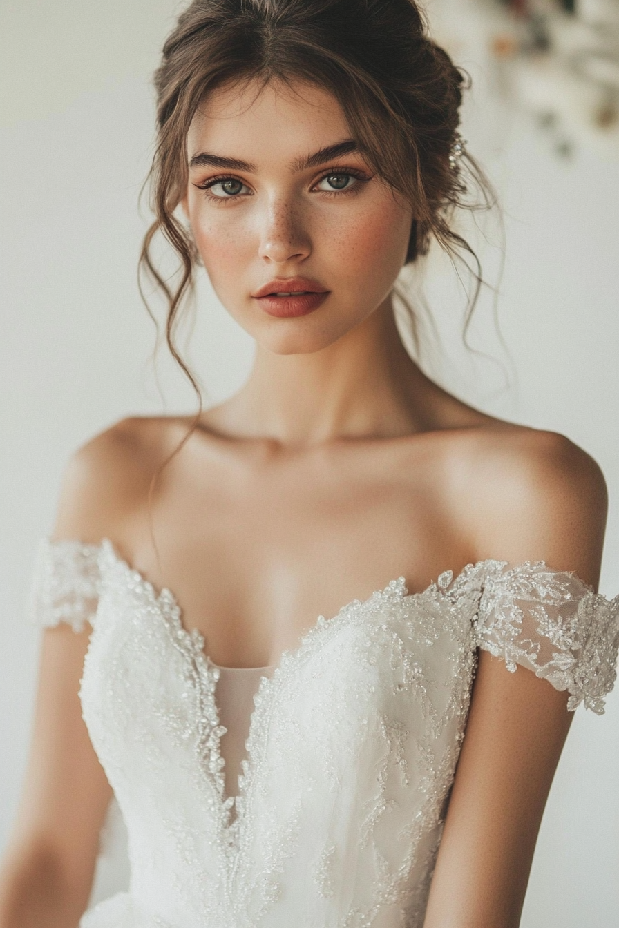 Wedding gown. Crystalized bodice with cathedral train and cold-shoulder sleeves.