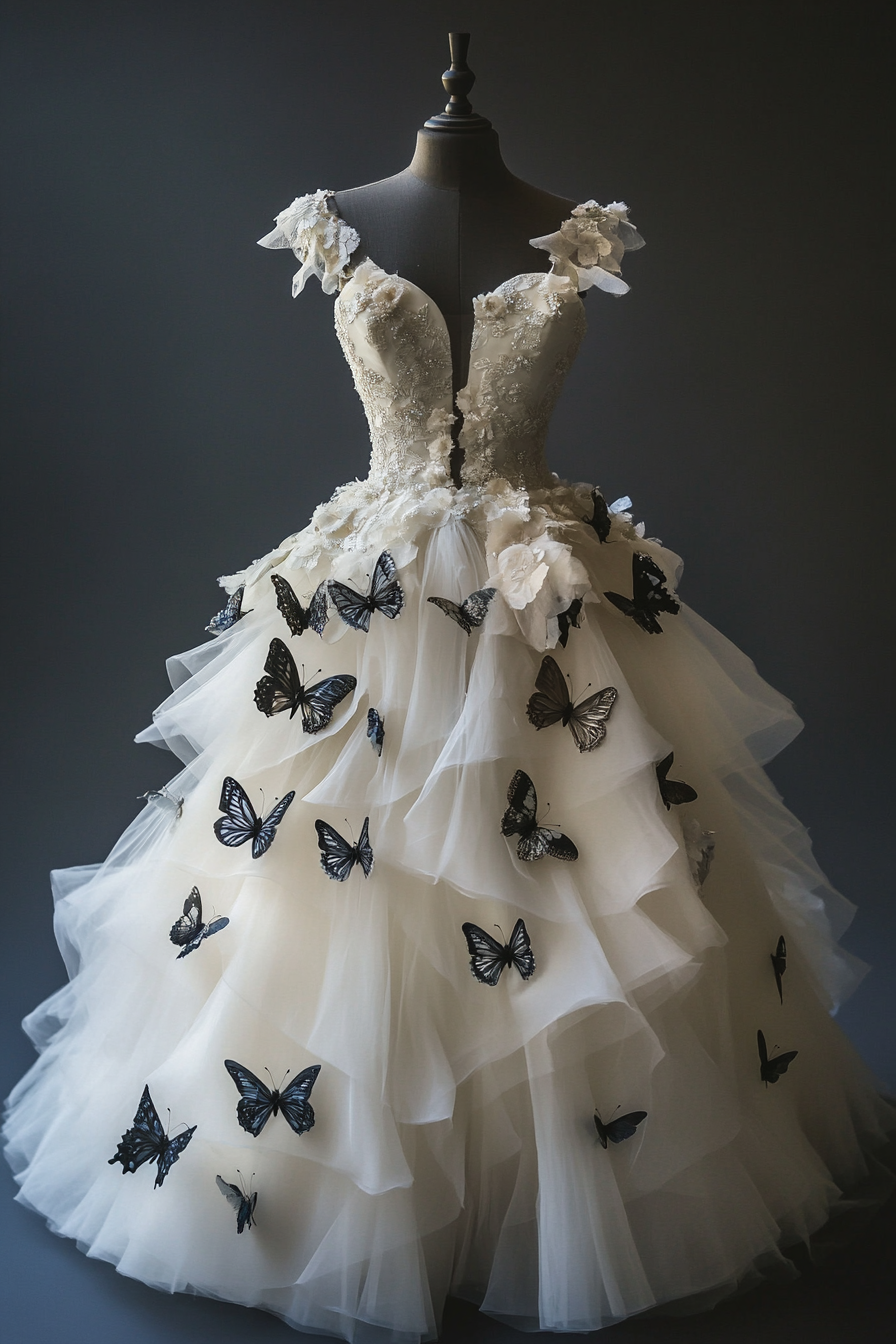 Wedding Ball Gown. Tulle layers with pearlescent butterfly appliques.