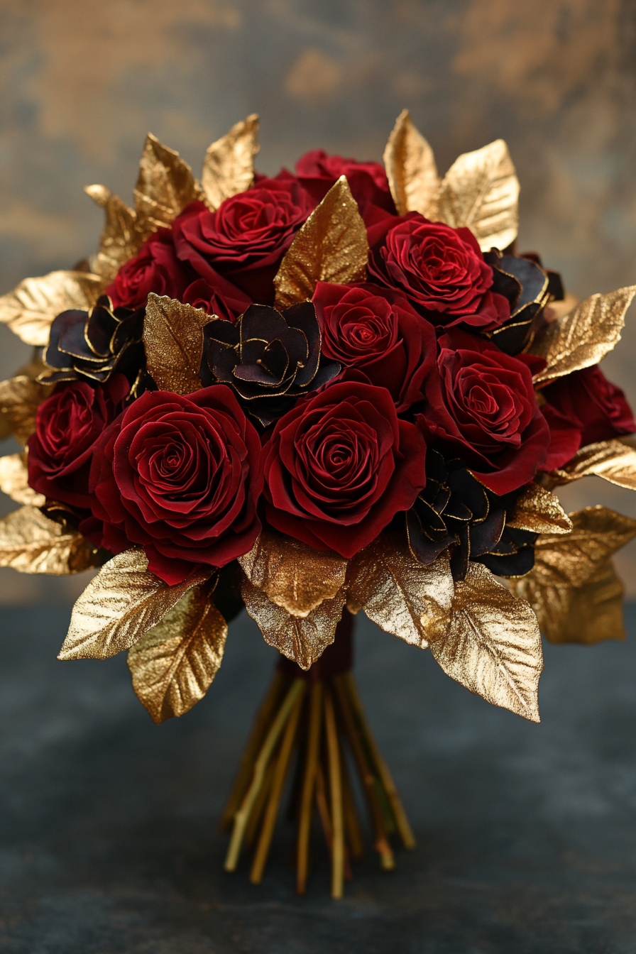 Wedding bouquet. Full joyous posy of red wine roses with shining gold leaves.