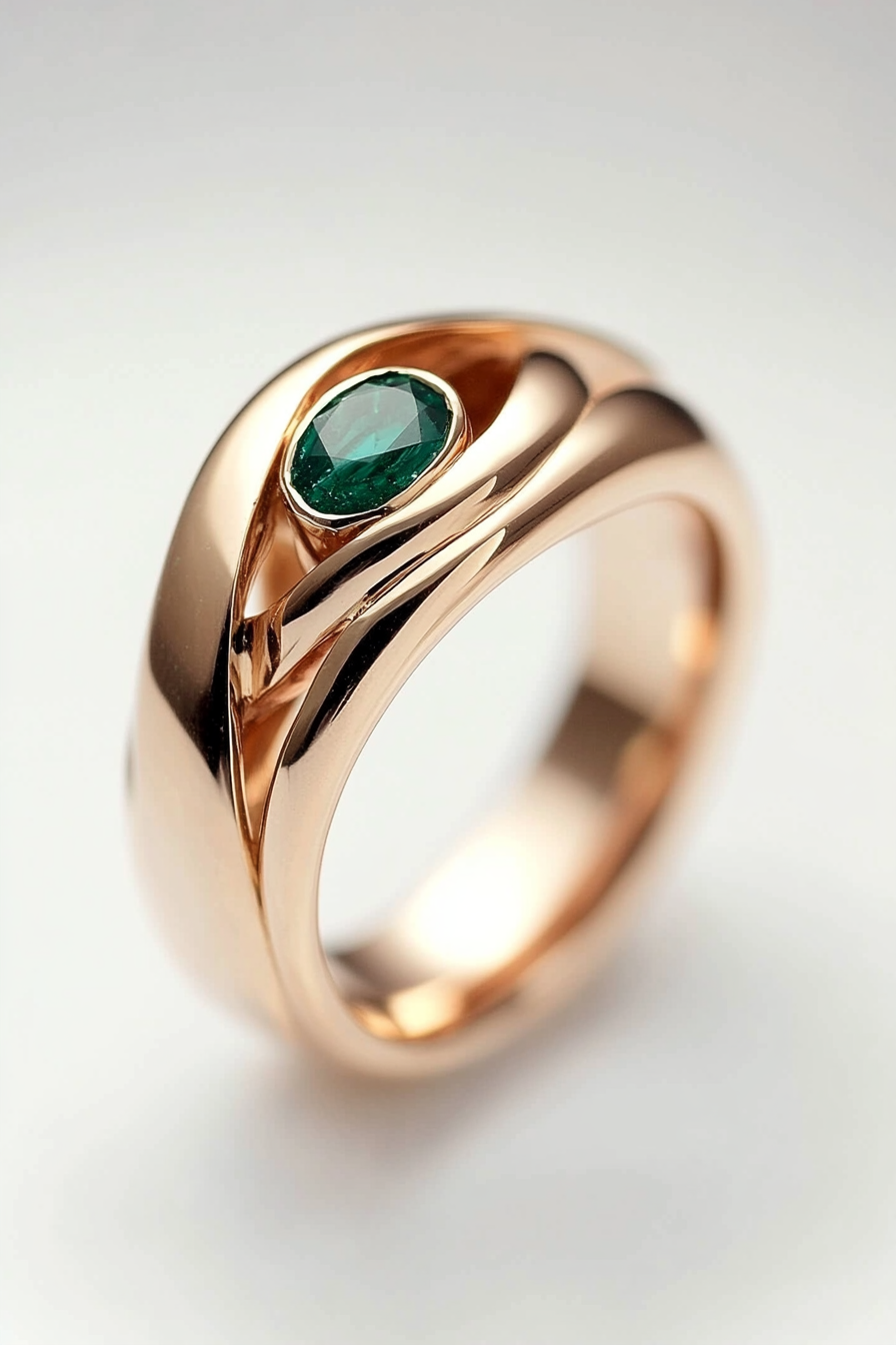 Wedding ring collection. Rose gold band with concealed emerald.