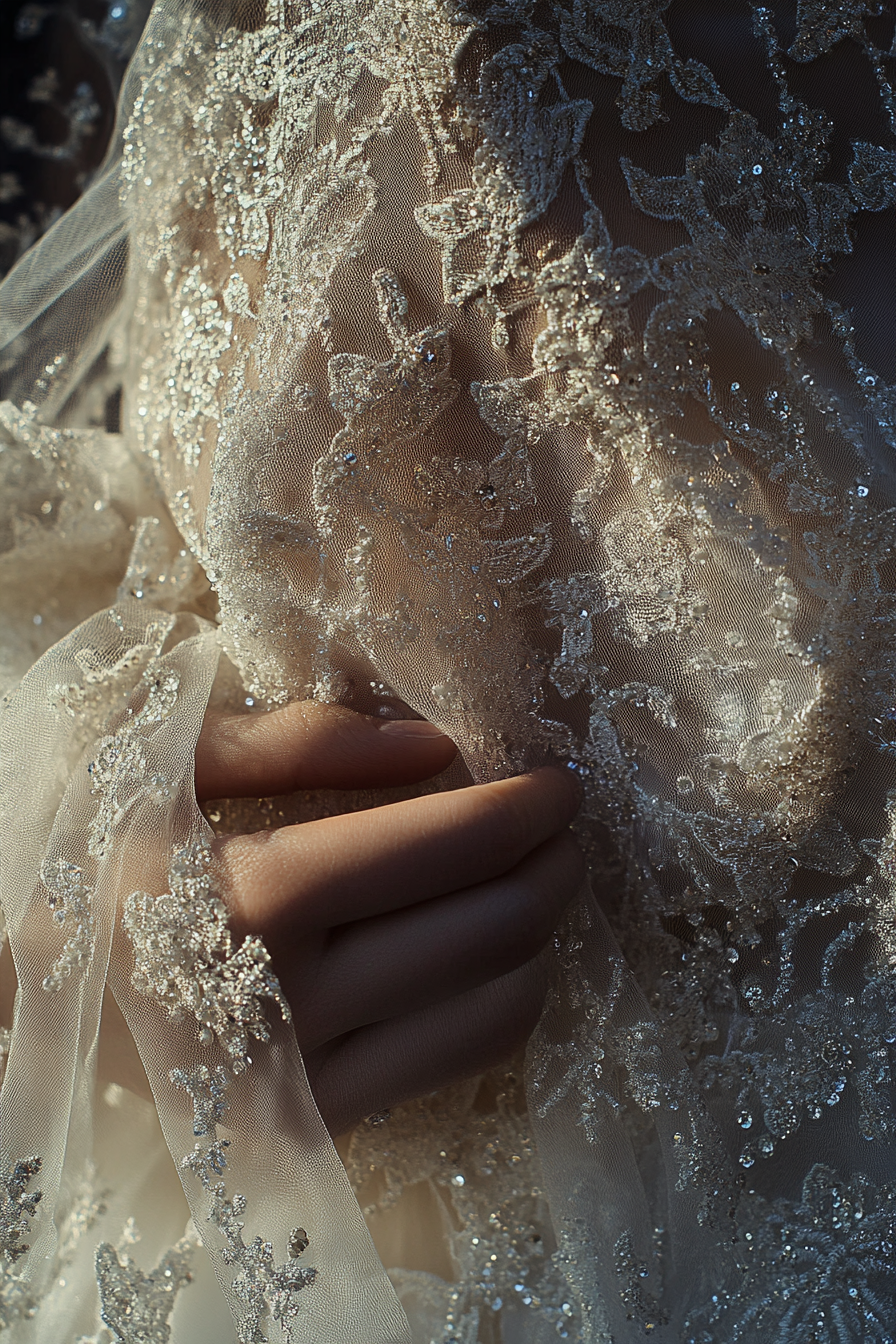 Wedding gown. Ivory lace, scattered crystals, embroidered storytale.