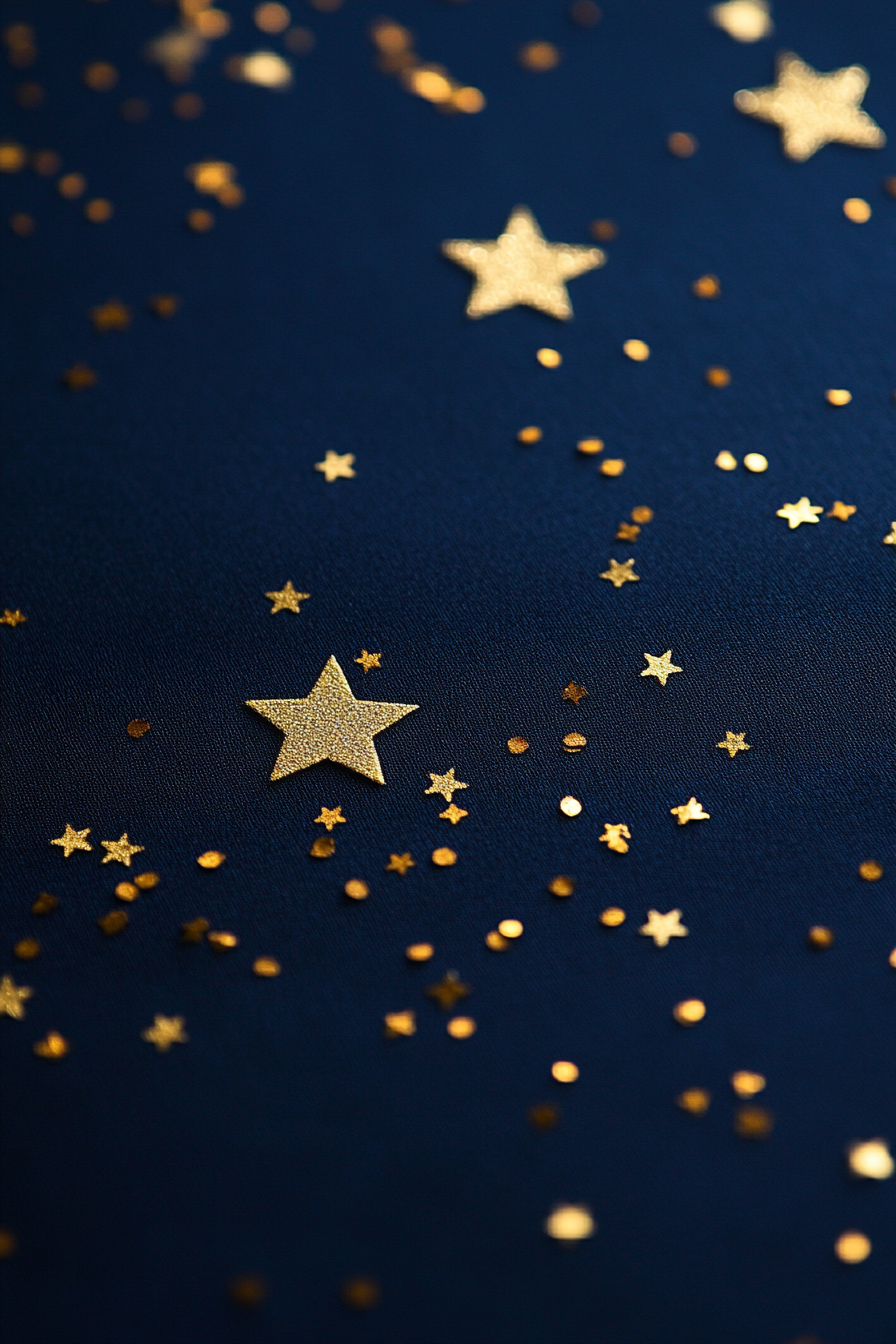 Wedding decor collection. Gold star confetti on navy table runners.