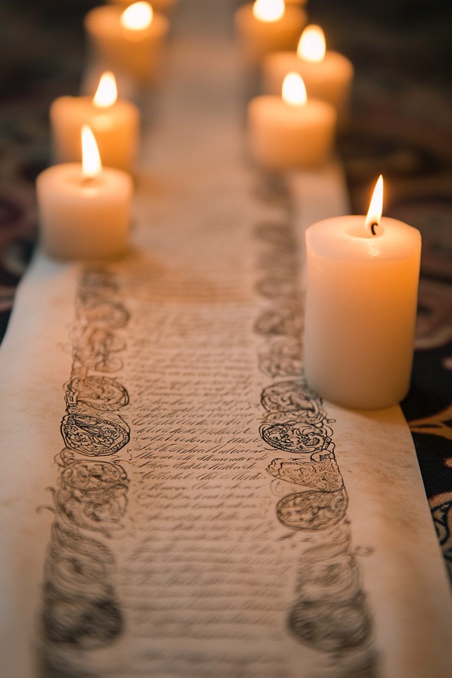 Wedding ceremony feature. Illuminated text on antique parchment paper with black ink calligraphy scrolls.