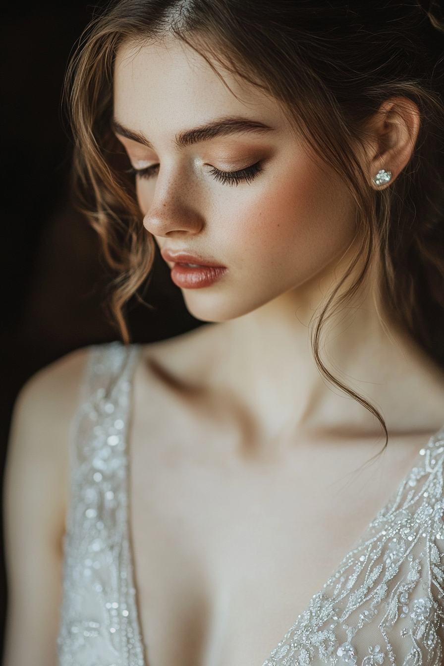 Wedding gown feature. Embroidered love story, scattered crystal embellishments.