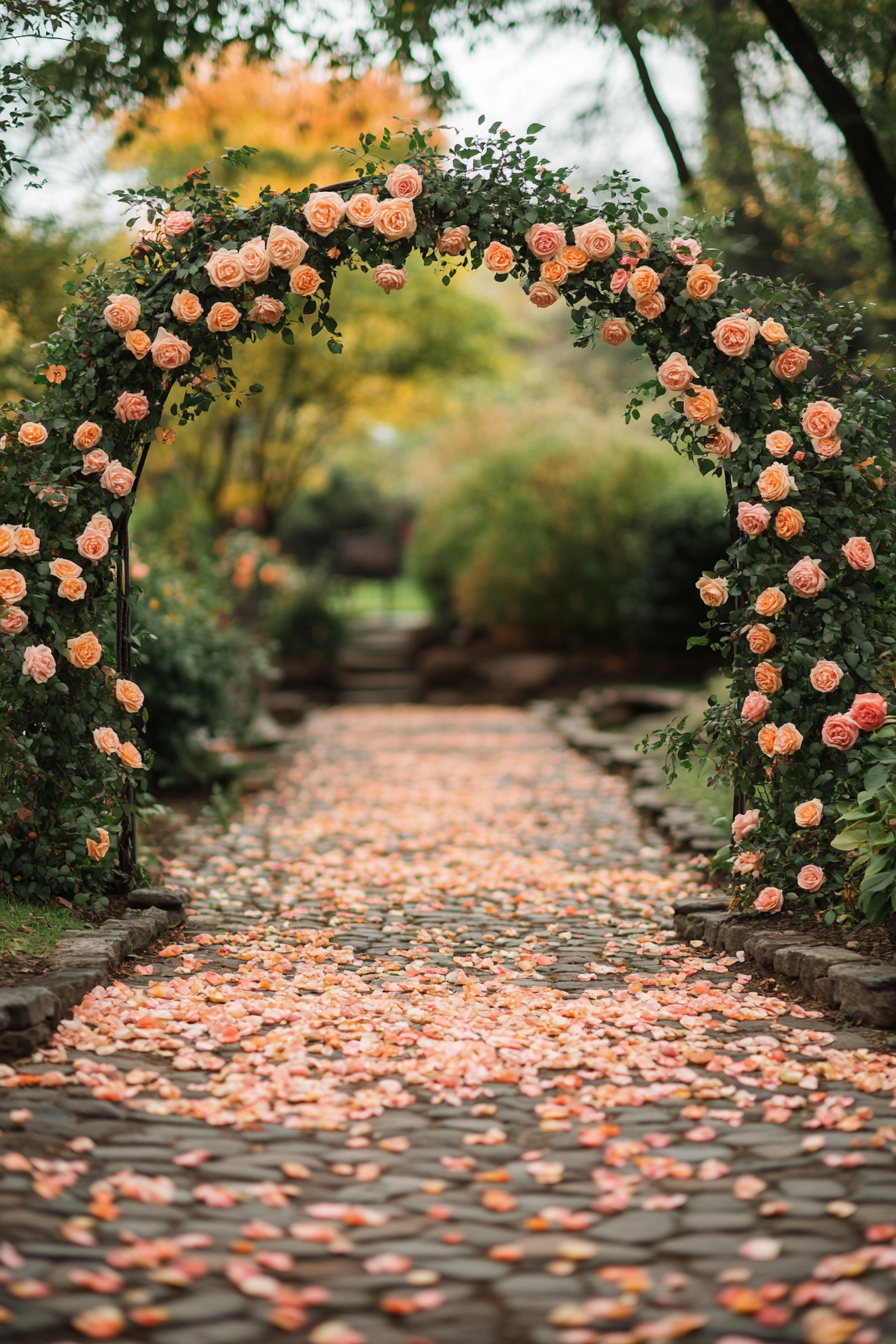 Wedding garden ceremony. Blush rose arches over cobblestone aisle scattered with peach rose petals.