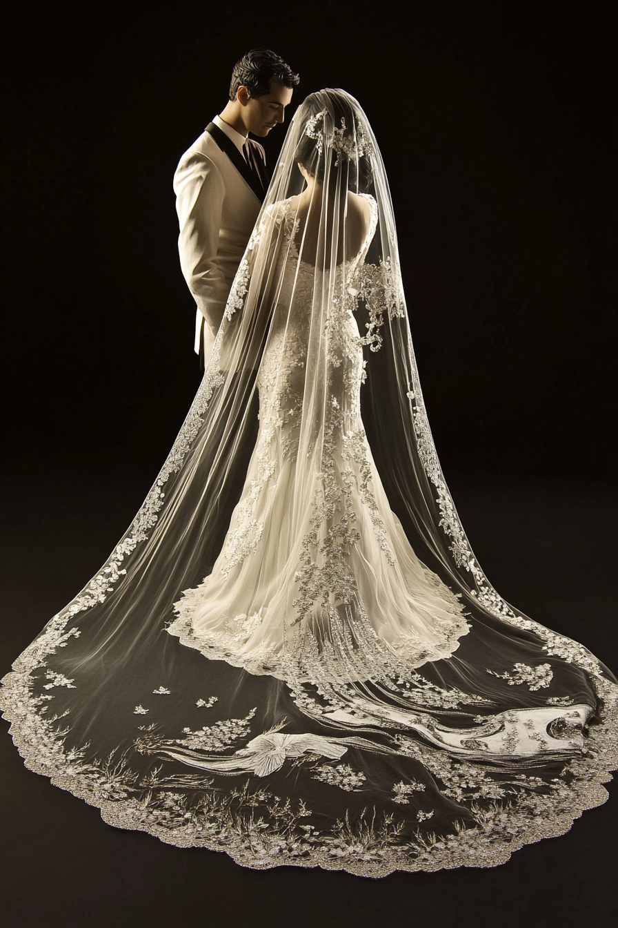 Wedding gown feature. Veil embroidery portraying couple's love story, gown scattered with Swarovski crystals.