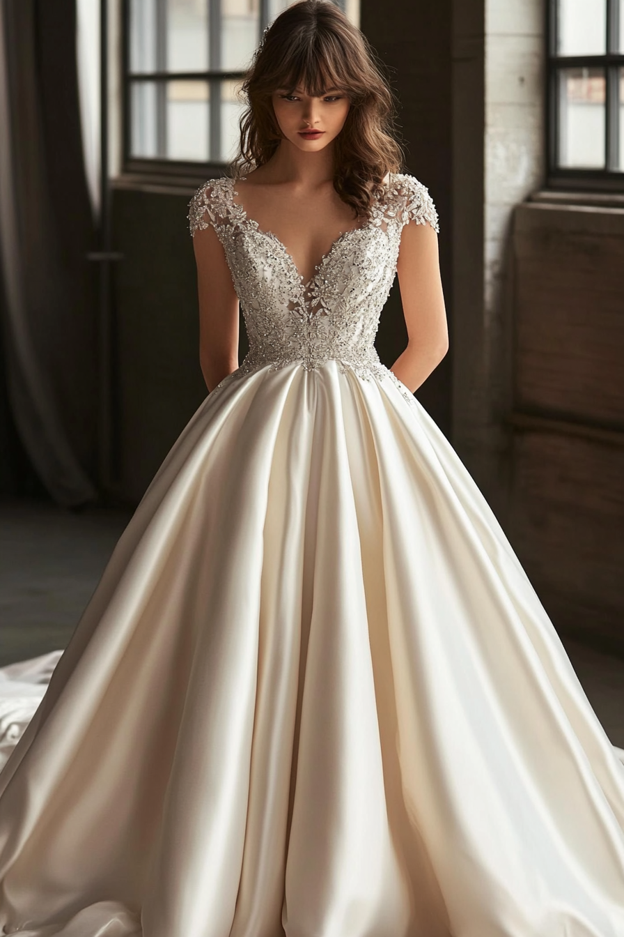 Wedding gown. Cathedral train and crystal bodice with cap sleeves.