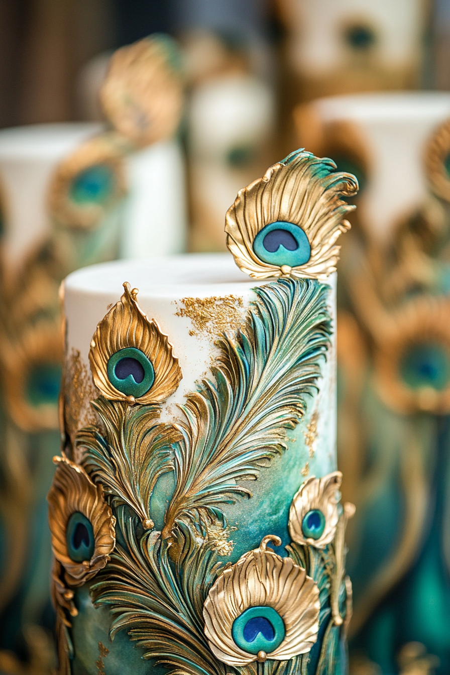 Wedding cake display. Hand-painted fondant with peacock feathers, accented by gold leaf detailing.